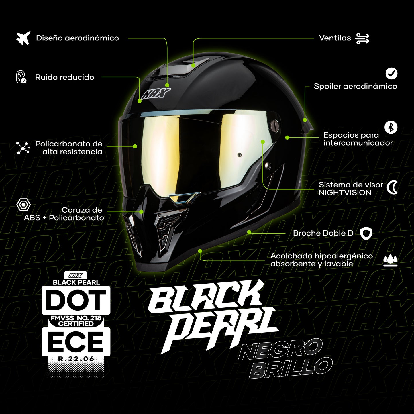 Casco Integral Hax Pearl Pearl Negro Brillo