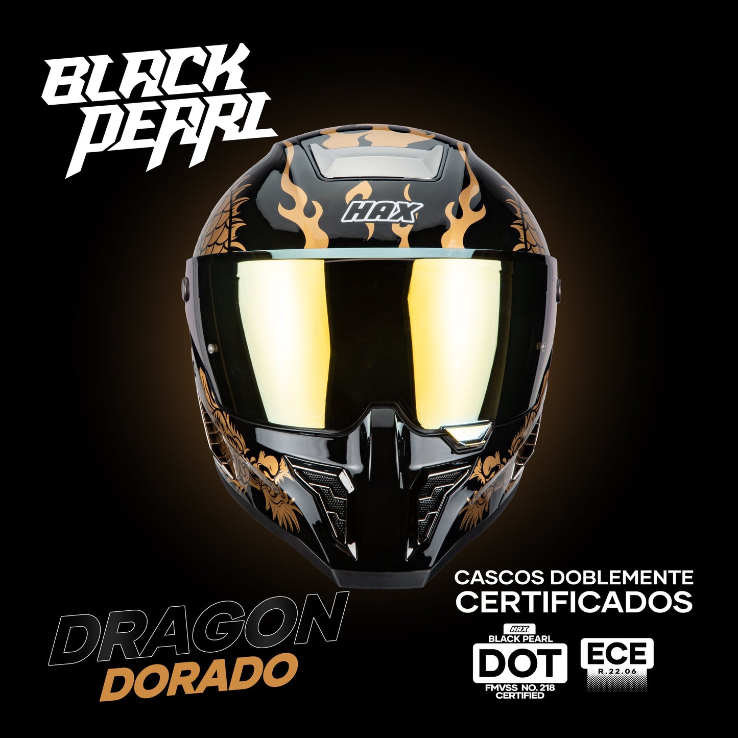 Casco Integral Hax Black Pearl Dragon Dorado