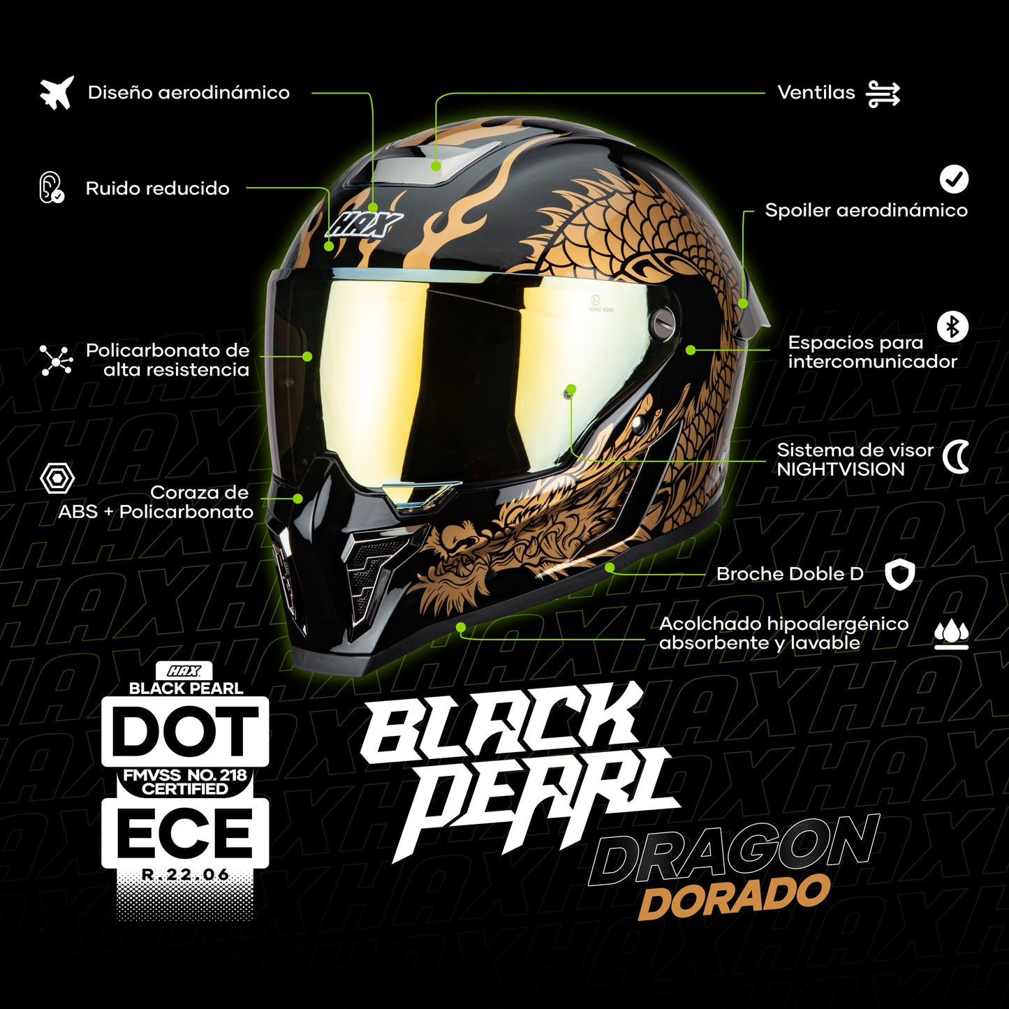 Casco Integral Hax Black Pearl Dragon Dorado