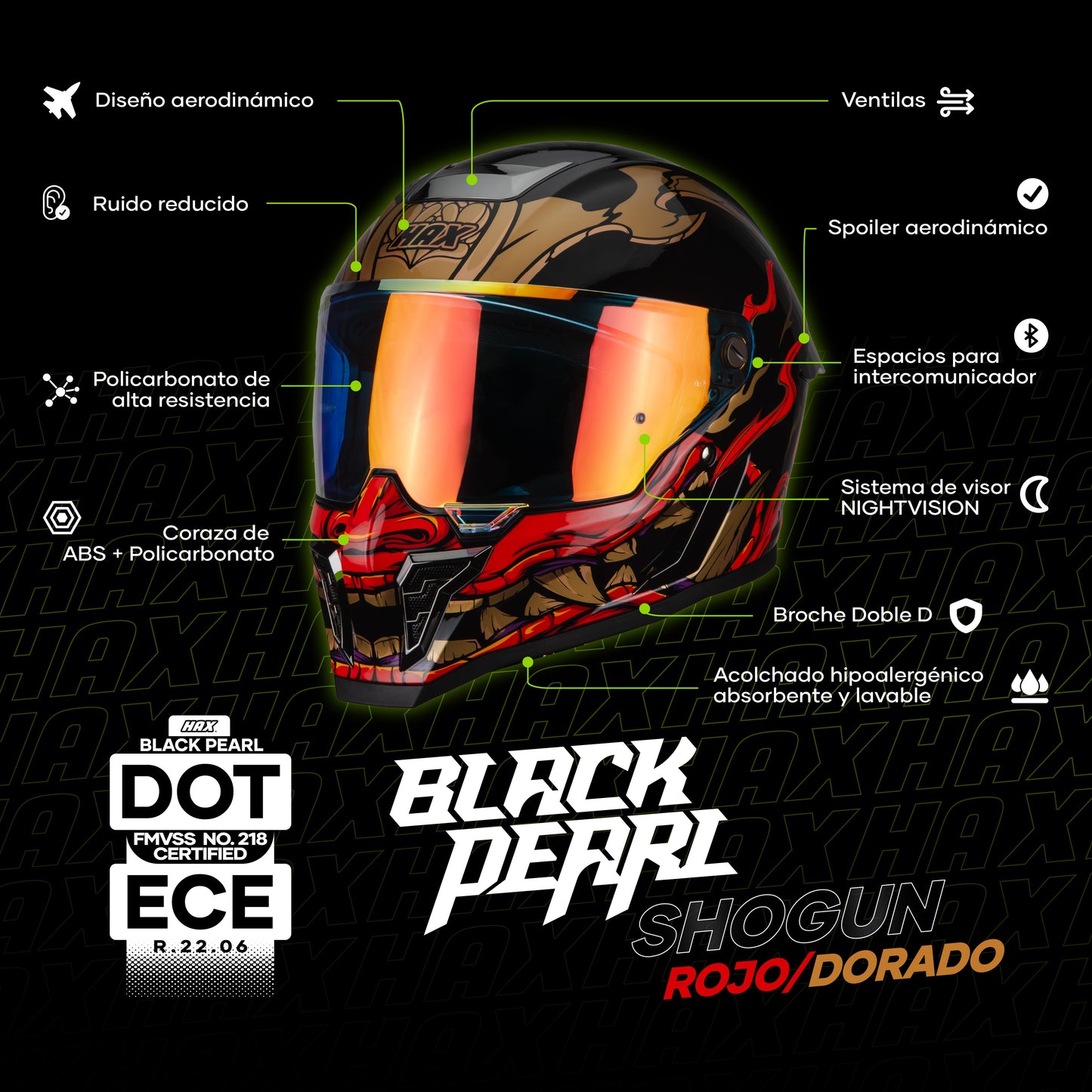 Casco Integral Hax Pearl Negro Rojo Shogun