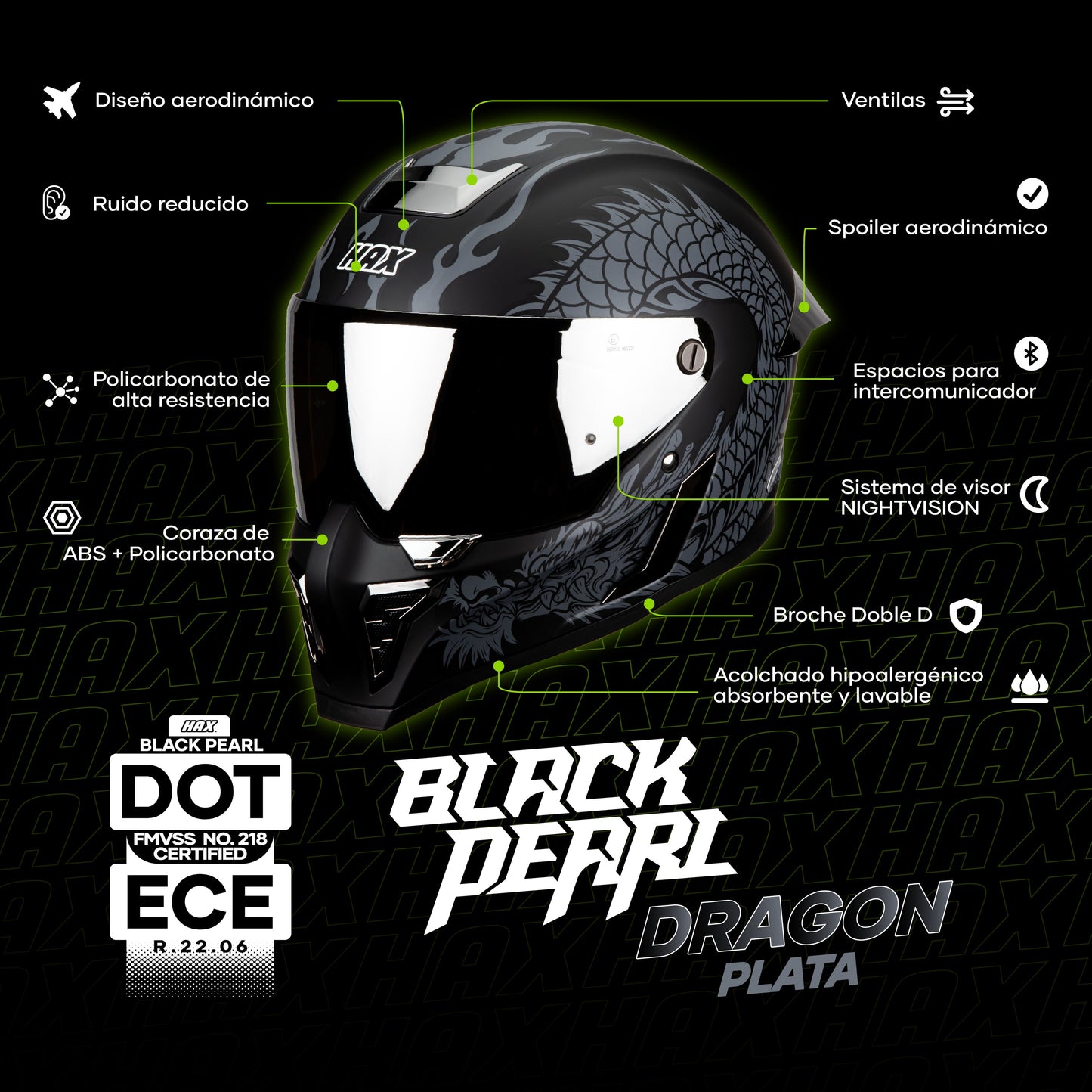 Casco Integral Hax Black Pearl Dragon Plata