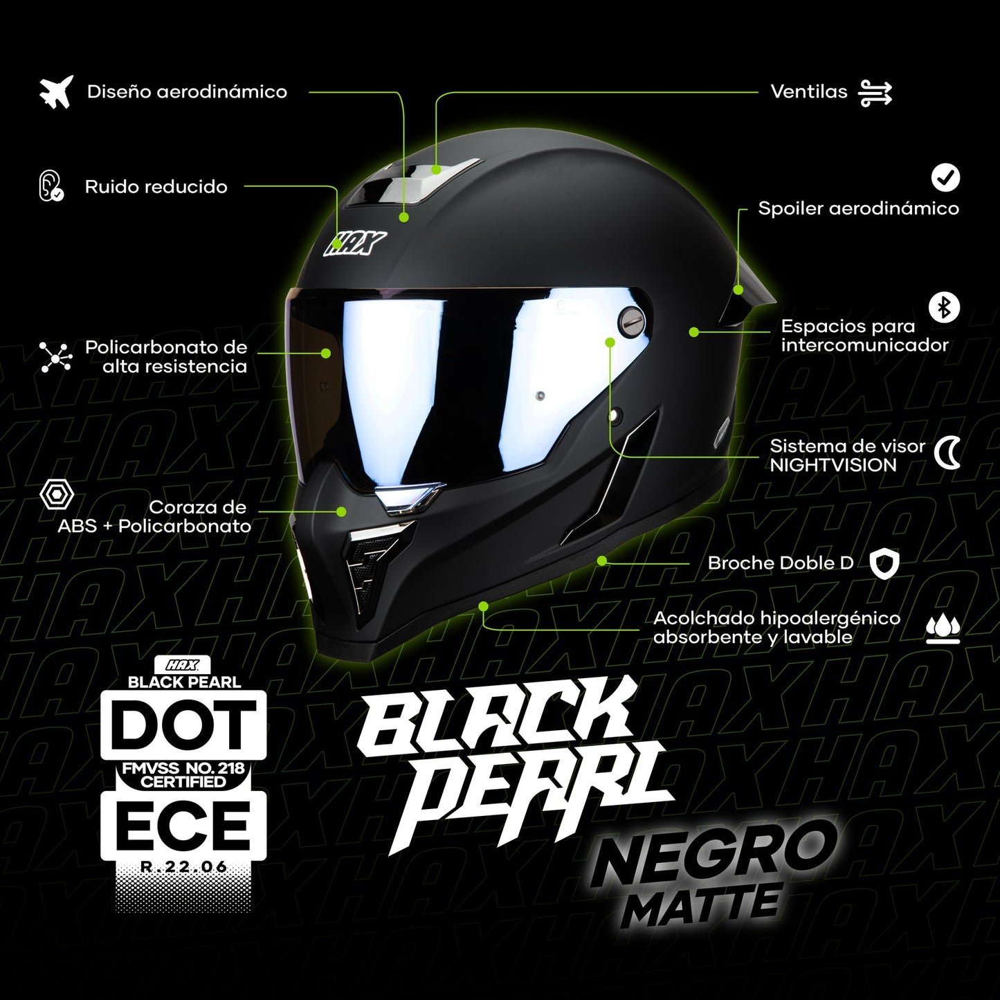 Casco Integral Hax Black Pearl Negro Mate